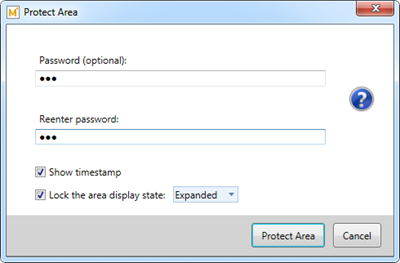 Protect Area dialog helps safeguard sections of the PTC Mathcad Prime 4.0 worksheet.