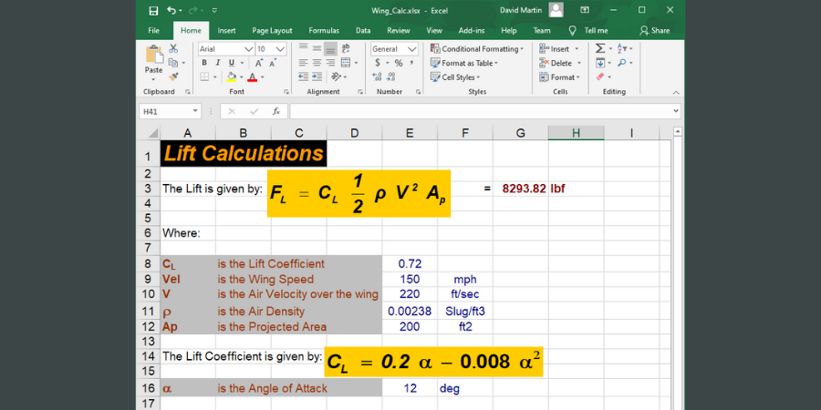 Traditional spreadsheet showing lift equations.