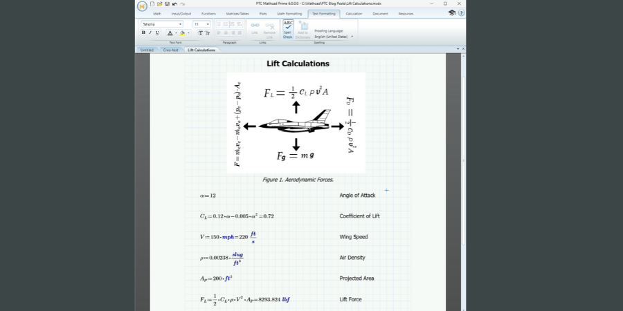 PTC Mathcad worksheet showing lift equations.