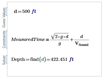 mathcad prime solve block solving for depth measured time 5.5 seconds guess values constraints solver