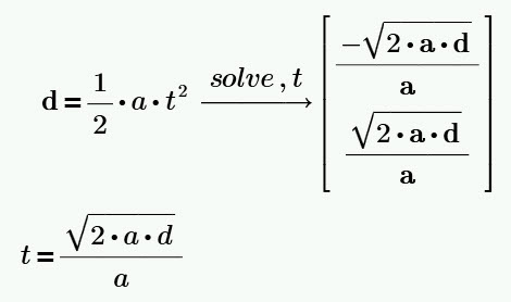 displacement distance equation solve for time quadratic formula mathcad