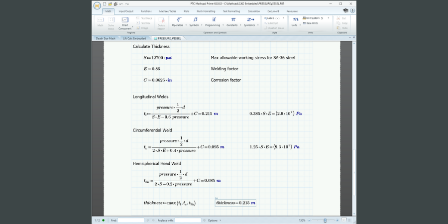 PTC Mathcad worksheet used to calculate values in Creo Parametric.