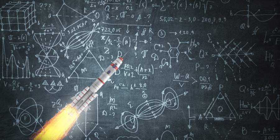 Rocket flying over chalkboard with math.