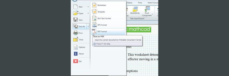 Saving worksheets as PDF in Mathcad Prime 7.