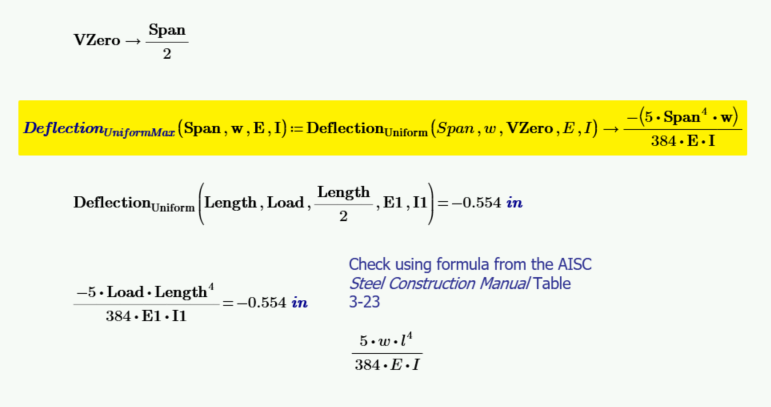 A function to calculate the maximum deflection for a uniformly loaded beam.