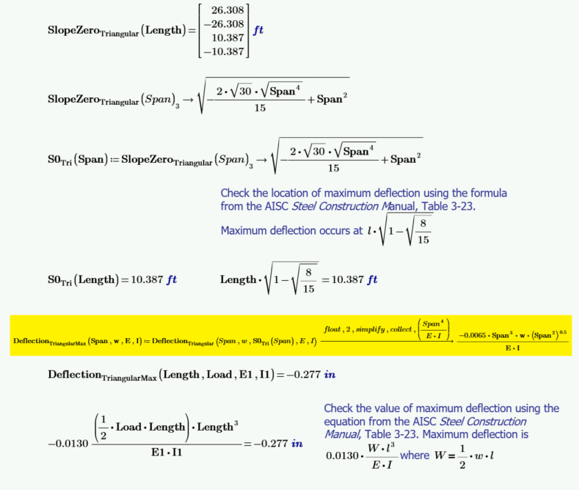 Calculations checking the numeric results and selecting the 3rd solution for the location of zero beam slope.