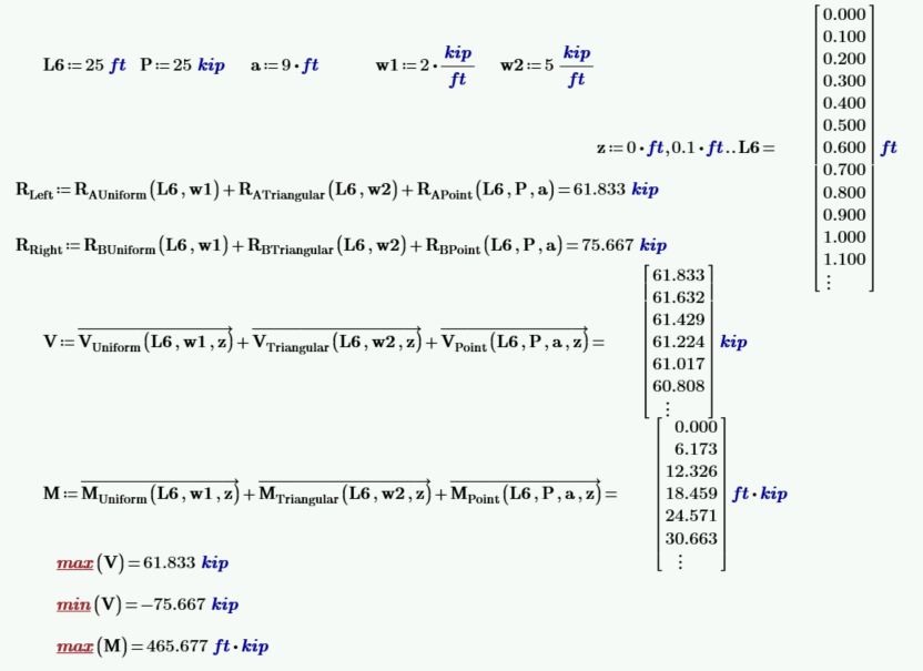 Mathcad Prime civil engineering beam triangular point uniform loaded combination beam values solving function reactions