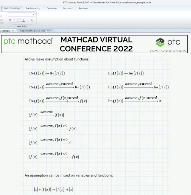 Mathcad Prime 9 sneak peak enhancement to the symbolic engine allowing keyword assume to be used for functions.