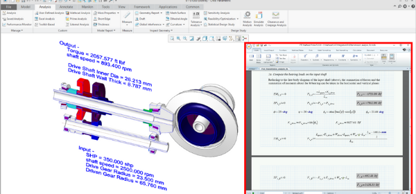 Transmission assembly in Creo Parametric with a driving worksheet in PTC Mathcad.