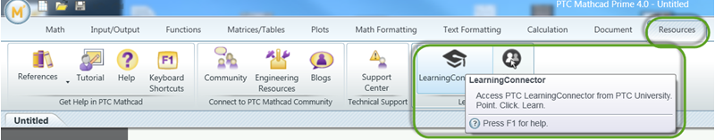 Learning Connector in PTC Mathcad menu
