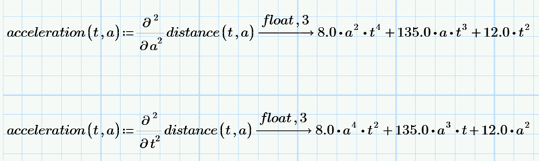 acceleration partial derivative of distance time altitude mathcad prime