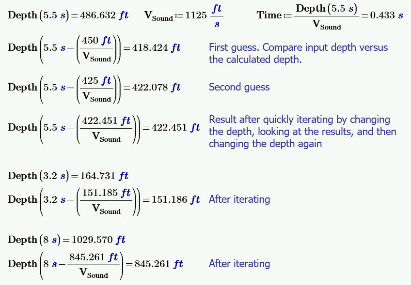 manually iterating a solution in mathcad prime for how deep a hole is