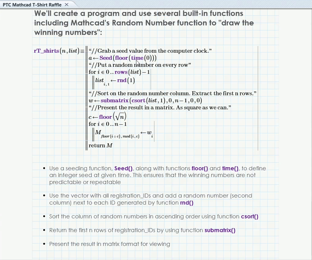 Mathcad Prime custom program using built-in functions, including random number generation, to draw the winning raffle numbers