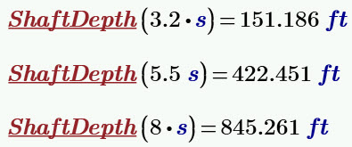 shaft depth function at 3.2 5.5 and 8 seconds in mathcad prime