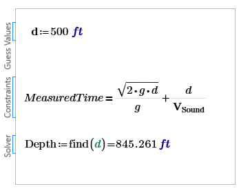 mathcad prime solve block solving for depth measured time 8 seconds guess values constraints solver