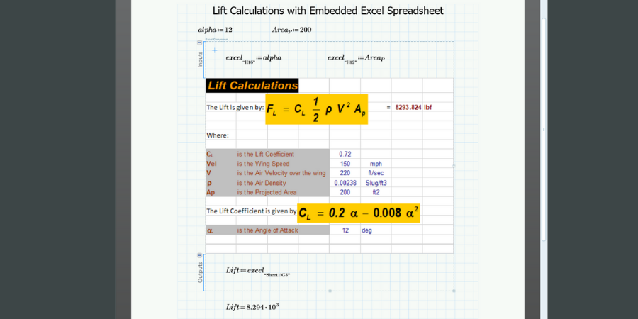 Spreadsheet calculations embedded in PTC Mathcad worksheet.