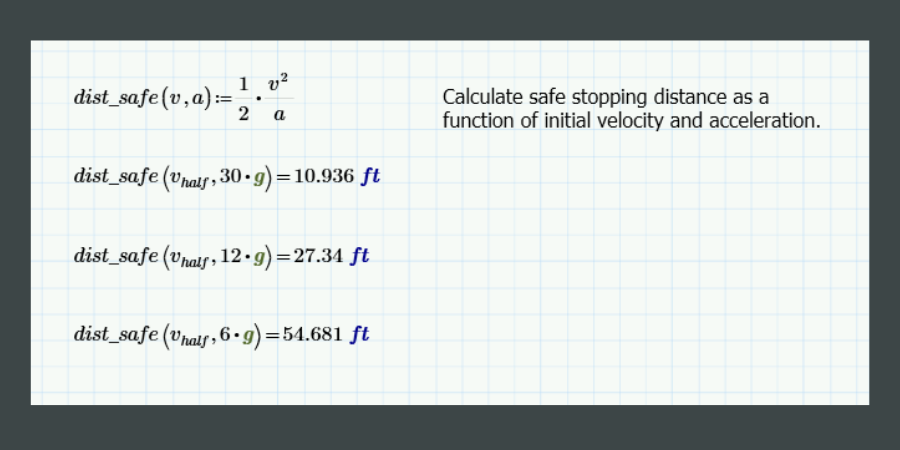 Safe stopping distance as function of initial velocity and acceleration (deceleration).