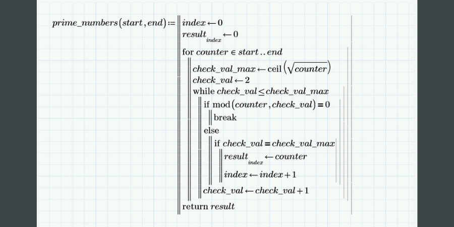 Prime number program written in Mathcad.