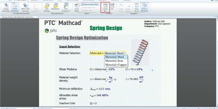 New pull-down combo box in Mathcad Prime 7.