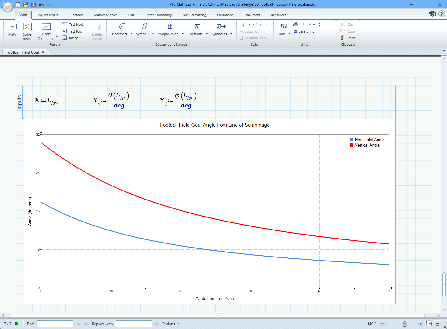 In the November 2022 Mathcad Community Challenge, users were asked to calculate angles from a given line of scrimmage for making a field goal.