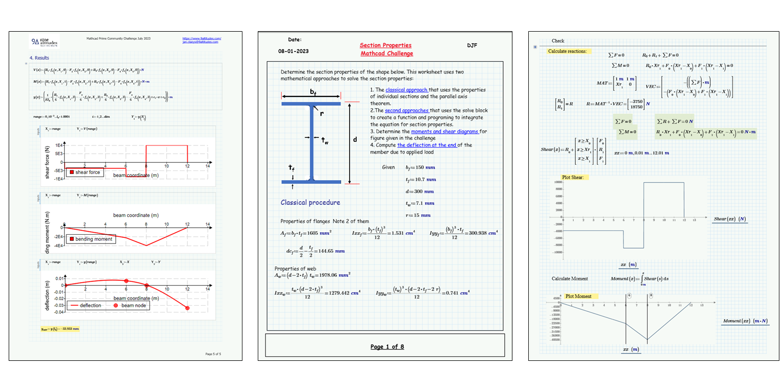 Collage of the civil engineering solutions submitted in the July Mathcad Community Challenge.