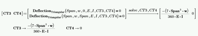 Calculations solving for CT3 and CT4 integration constants deflection trinagular beam