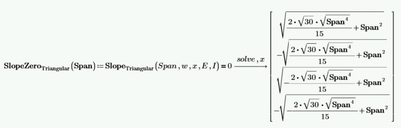 Calculation for defining the maximum deflection for a triangular load, which occurs where beam slope equals zero. 