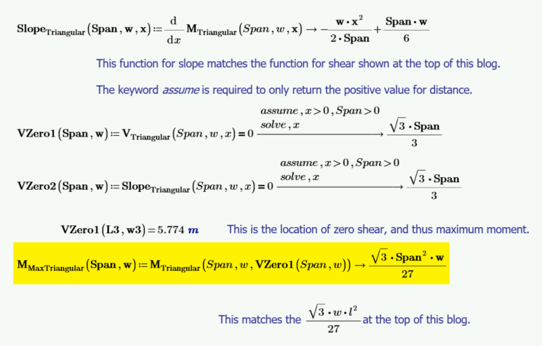 Function for deriving maximum moment for a beam with a triangular load.