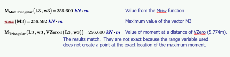 Check the results of the maximum moment calculations and see that they match for the value of the MMax function, the vector M3, and at a distance of VZero. 
