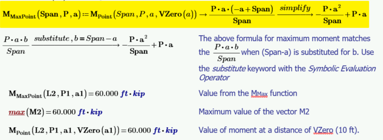 Calculate maximum moment of a point load for the maximum point, maximum value of the vector M2, and at a distance of VZero.