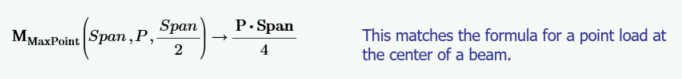 The MMaxPoint function derives the formula for point load at the center of a beam.