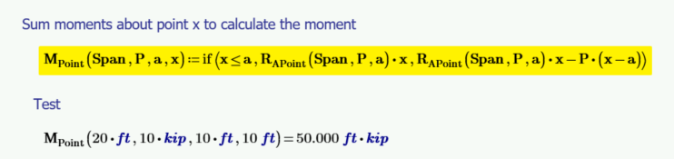 Mathcad Prime calculate bending moment on a beam with a point load