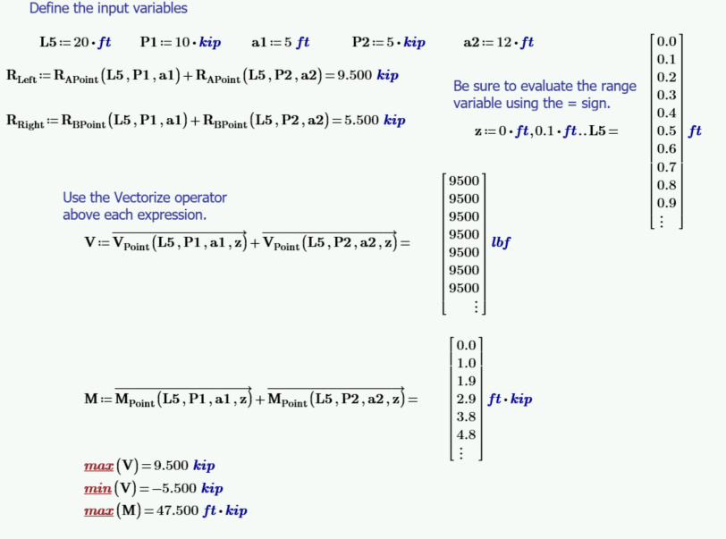 Mathcad Prime formulas civil engineering loads conditions combination loaded beam shear bending moment