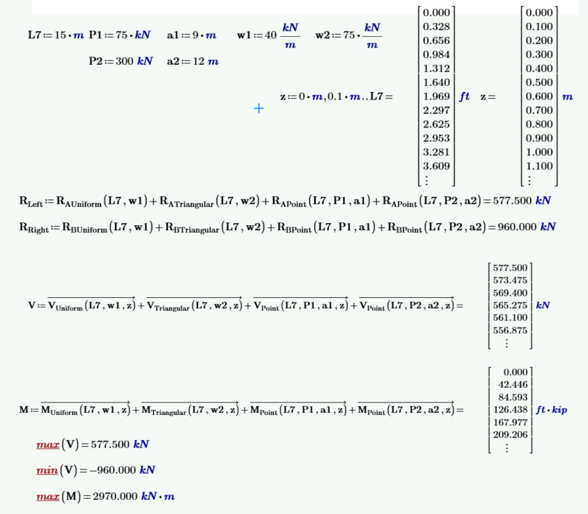 Mathcad Prime civil engineering beam triangular two point uniform loaded combination beam values solving function