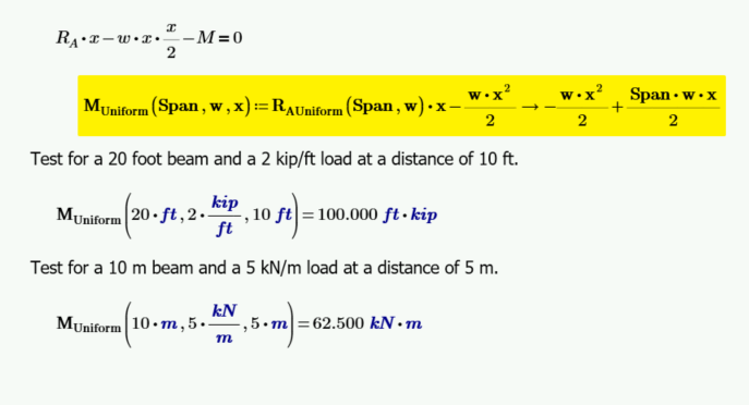 Mathcad calculation for the moment on a uniformly loaded beam