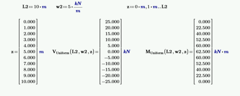 Mathcad created ranges for XY Plot shear bending moments meters