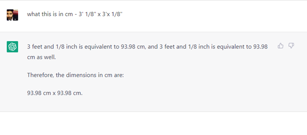 3 feet and 1/8 inch is equivalent to 93.98 cm, and 3 feet and 1/8 inch is equivalent to 93.98 cm as well. Therefore, the dimensions in cm are: 93.98 cm x 93.98cm.