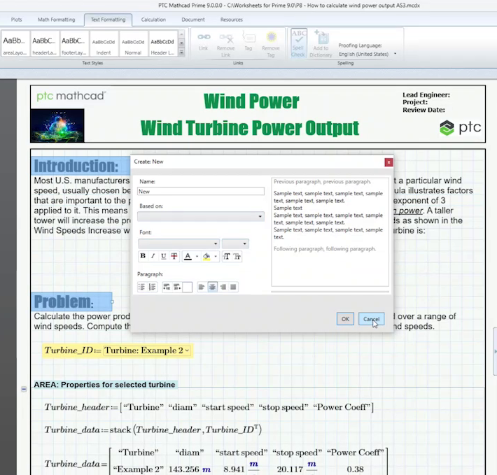 Mathcad Prime 9 sneak peak of Create New Text Style functionality