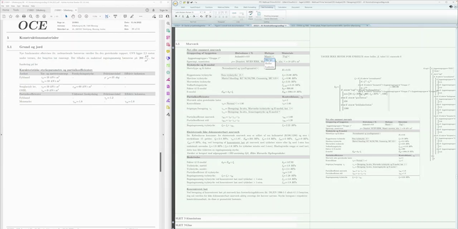 OC Engineering ApS Mathcad Prime worksheet showing automation with combo box values.