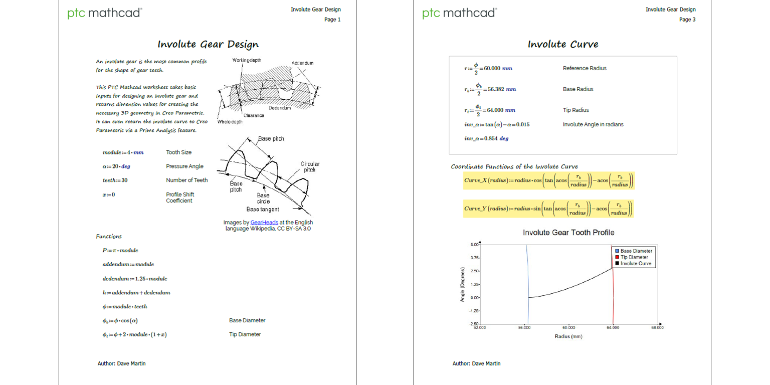 An example of a publication-ready PTC Mathcad worksheet of an Involute Gear Deisgn