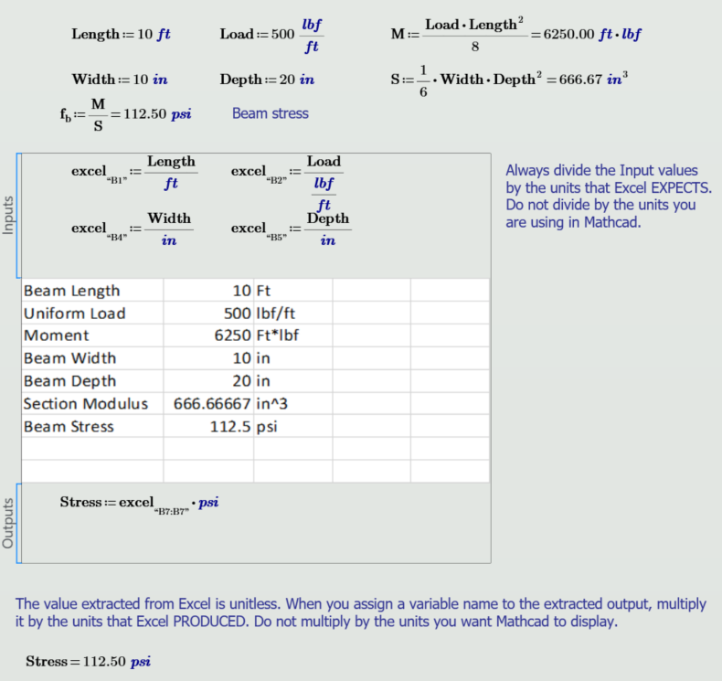 A calculation of the stress in a simply supported rectangular beam using Mathcad and Excel.