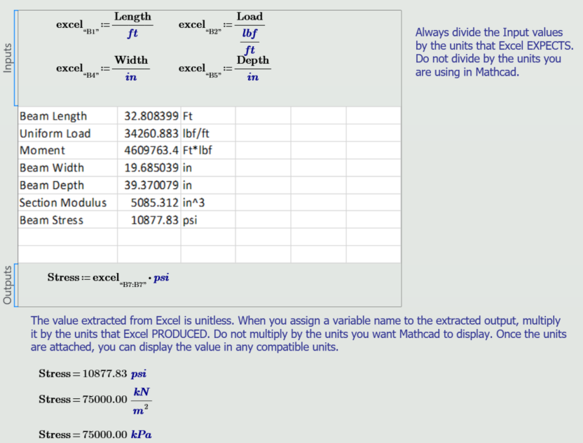 Output results from a calculation using Mathcad and Excel.