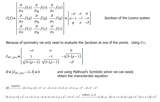 Analyzing the characteristic equation of the Jacobian matrix evaluated at one of the fixed points with Mathcad Prime symbolic solver.