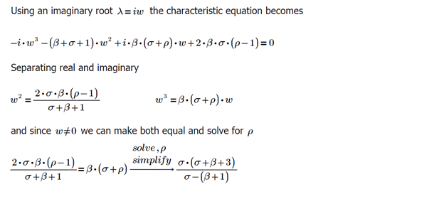 Analyzing the characteristic equation of the Jacobian matrix evaluated at one of the fixed points.